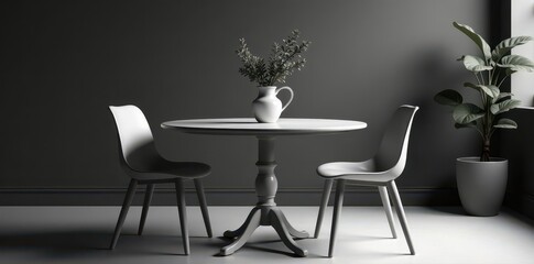 Fototapeta premium Classic four-chair table, monochrome, leafy plant , white, background