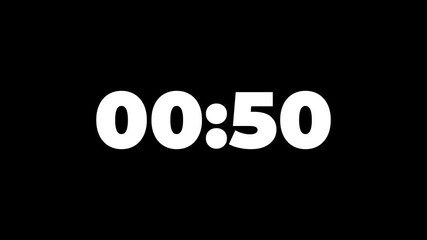 One minute countdown animation from 60 seconds to 0 seconds on a transparent background, One minute countdown timer with alpha channel