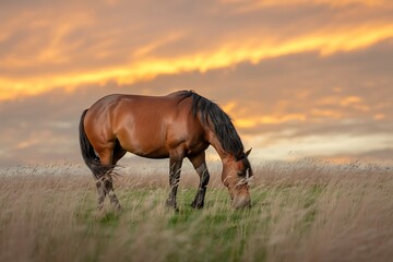 A solitary brown horse grazes peacefully in a tall grassy field under a dramatic and vibrant sunset sky