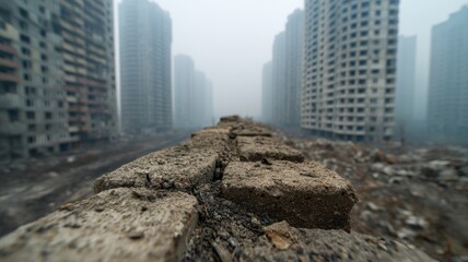 Hazard Radioactive Impact concept. Urban landscape of abandoned buildings under foggy conditions.