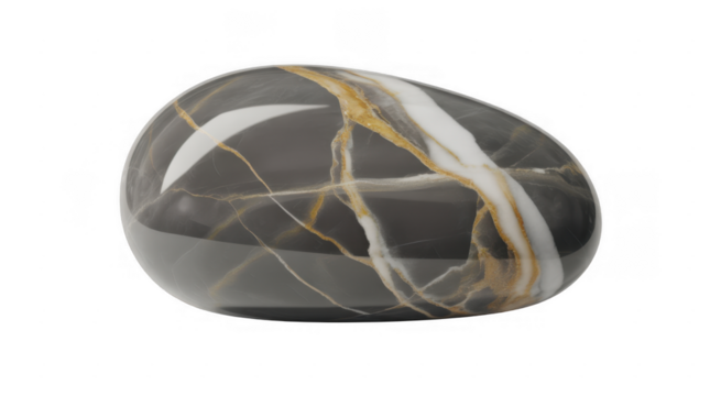 Smooth polished stone with grey white and gold veining isolated on a transparent background