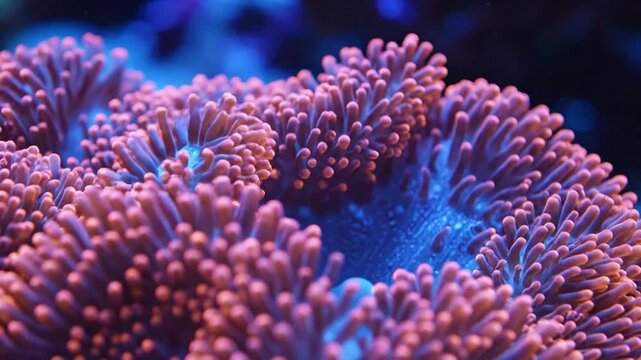 Close up view of pink anemone tentacles gently swaying with blue light in ocean environment