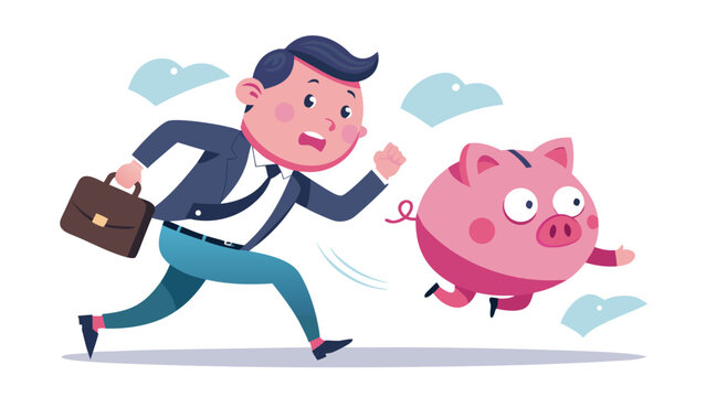 Businessman chasing piggy bank with money flying, cartoon finance concept