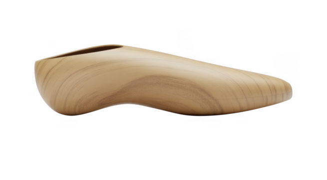 Smooth wooden shoe last with curved shape and visible wood grain isolated on a transparent background