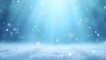 Fototapeta premium Wide shot of a frosty blue winter landscape under a soft, cold glow. White snowflakes drift down