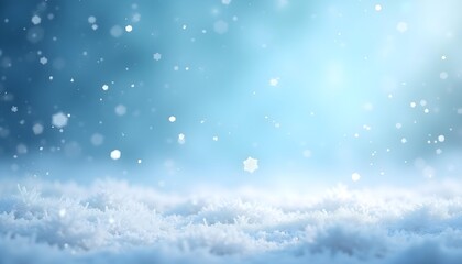 Fototapeta premium Wide shot of a frosty blue winter landscape under a soft, cold glow. White snowflakes drift down