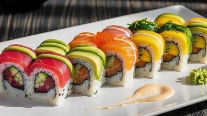 Vibrant rainbow sushi rolls with avocado and salmon on a white platter