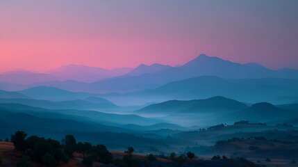 Serene layered blue mountains at dawn with vibrant pink and purple skies