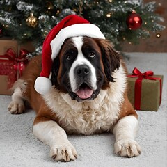 Christmas Saint bernard dog puppy with christmas gift