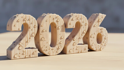 Sparkling wood 2026 year with water droplets symbolizes new beginnings and growth. Perfect for forward-thinking businesses planning for future success and innovative solutions.