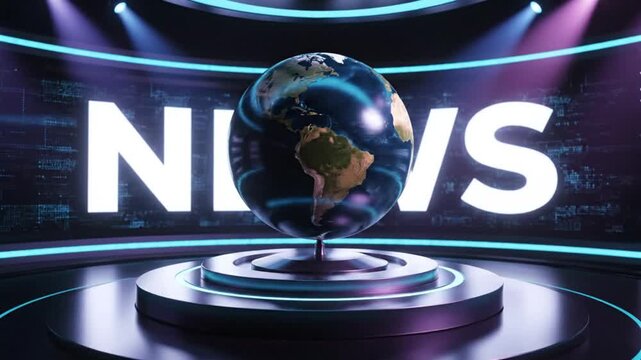 Breaking global news broadcast with earth globe on futuristic stage, ideal for media, finance, and international affairs videos, dynamic and engaging content