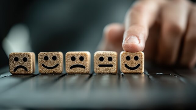 Hand Selecting a Smiling Wooden Dice Among Others with Various Emotions for Mood and Decision - Making Visuals