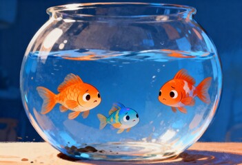 Cute cartoon illustration of three colorful fish swimming in a glass fishbowl on a cracked wooden surface.