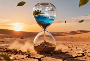 Surreal hourglass standing in a desert, with lush nature in the top bulb turning into dry sand in the bottom, symbolizing climate change and time running out.