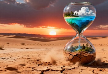 Surreal hourglass standing in a desert, with lush nature in the top bulb turning into dry sand in the bottom, symbolizing climate change and time running out.