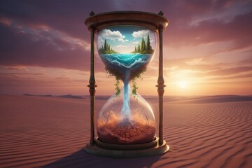 Surreal hourglass standing in a desert, with lush nature in the top bulb turning into dry sand in the bottom, symbolizing climate change and time running out.