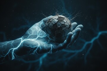 Human hand with glowing blue lightning veins holding a small dry cracked earth sphere in dark space.