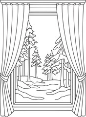 Winter landscape behind window with curtains decoration line drawing vector