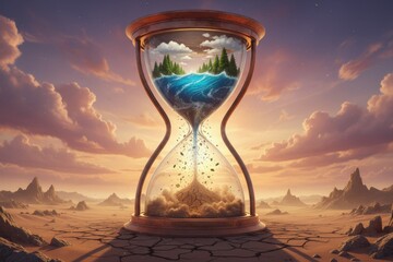 Surreal hourglass standing in a desert, with lush nature in the top bulb turning into dry sand in the bottom, symbolizing climate change and time running out.