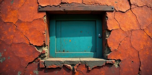 Naklejka premium Cracked wooden wall, single small pane window , worn, vertical, texture