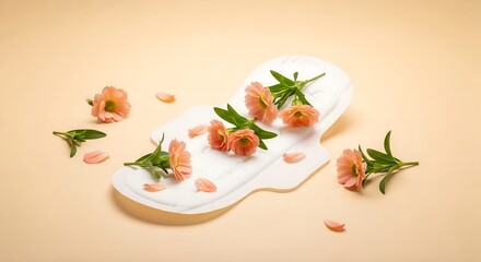 Feminine Hygiene Concept: Sanitary Pad with Flowers, Soft Colors, and Natural Beauty.