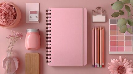 Pink minimalist workspace with notebook, pencils, color palette, and floral elements