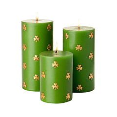Green candles decorated with gold clovers for festive celebrations and ambiance enhancement
