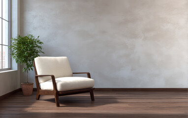 Spacious room with a comfortable chair and indoor plant by the window in a modern setting