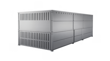 Stacked modular metal storage containers with slatted panels and smooth fronts isolated on a transparent background