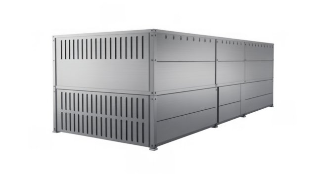 Stacked modular metal storage containers with slatted panels and smooth fronts isolated on a transparent background