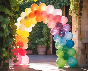 Vibrant rainbow balloon archway creates a festive entrance for an outdoor celebration or party event