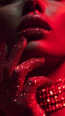Close-up of lips and fingers adorned with red glitter, exuding elegance and luxury in a vibrant red light.