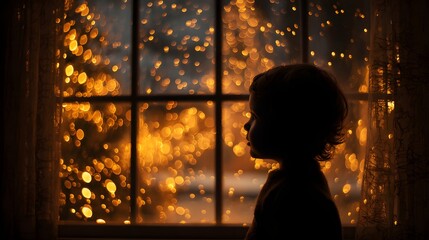 Child gazing through window winter evening silhouette photography soft lighting emotional scene