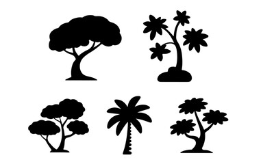 Black trees silhouettes isolated on white backdrop
