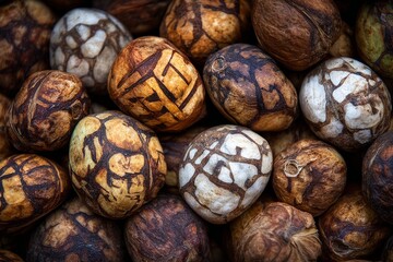 Recently harvested chestnuts are amassed, showcasing the vibrant brown color of their shells in a characteristic autumn setting
