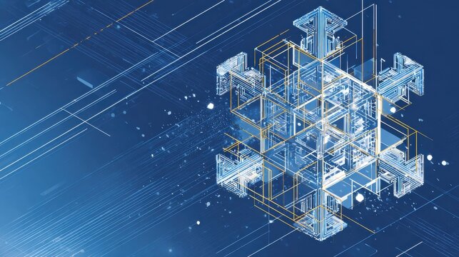 Abstract Digital Cube Structure with Lines and Dots on Blue Background