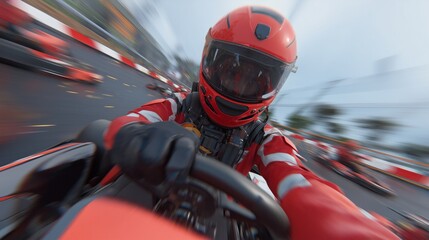 Driver in helmet and suit racing a go-kart from a first-person perspective