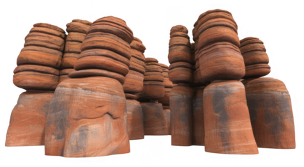 Stacked sandstone rock formations with horizontal layers and gray streaks isolated on a transparent background