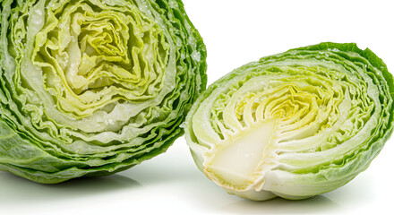 Fresh Iceberg Lettuce Halves Displaying Crisp Layers and Water Droplets on a White Background