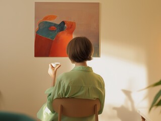 A woman in a green shirt sips coffee, gazing at abstract art in a sunlit room, embodying relaxation and contemplation.