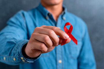 Man presenting red ribbon for World AIDS Day awareness