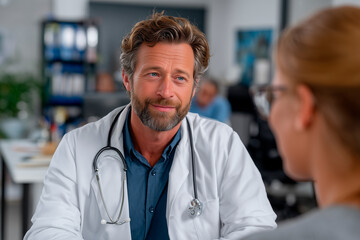 Doctor consulting patient about health in clinic for World AIDS Day