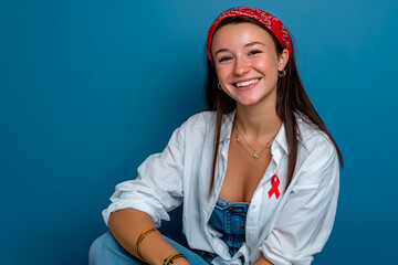 Young woman smiling, wearing red ribbon for World AIDS Day awareness