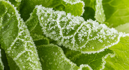 Frost Crystals Adorning Vibrant Green Leaves Close Up