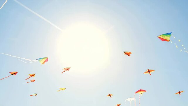 Colorful kites flying in the sky under bright sun. Perfect for Makar Sankranti, celebration, or joyful seasonal visuals