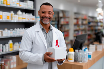 Male pharmacist wearing red ribbon for World AIDS Day