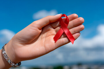 Hand holding red ribbon against blue sky for AIDS awareness
