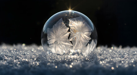 Frozen Soap Bubble with Intricate Ice Patterns on Snowy Ground