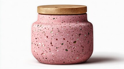 Pink terrazzo textured jar with light wooden lid on white background studio shot