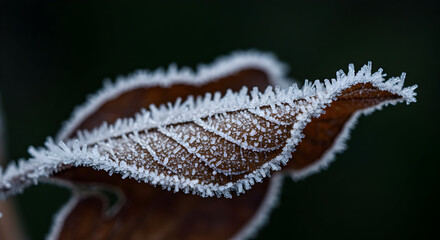 Frozen Leaf Edges: Intricate Ice Crystals on Autumn Foliage Against Dark Backdrop
